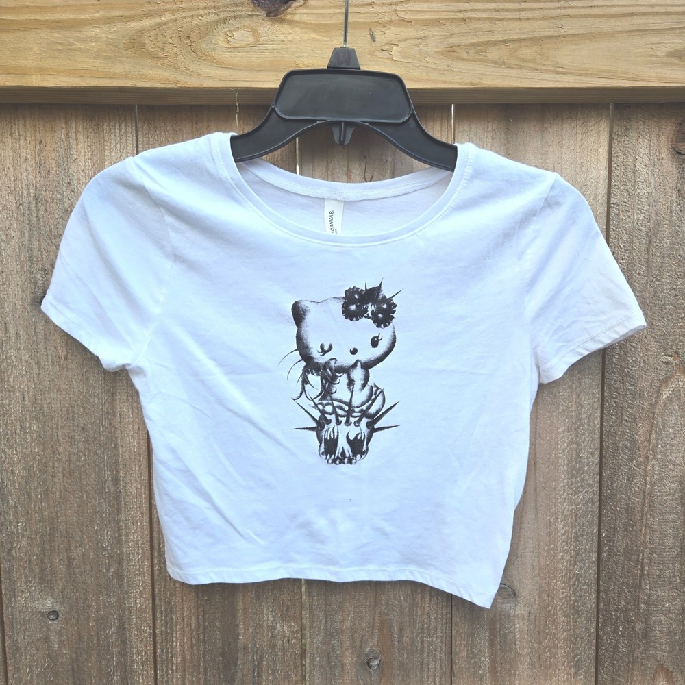 Bella Canvas White Hello Kitty Skull Graphic Crop Top Tee Y2K Goth Punk Small